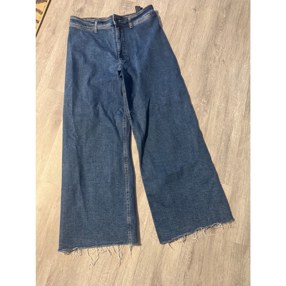 Zara Womens High Waisted Wide Leg Jeans Medium Blue Raw Hem Size 12